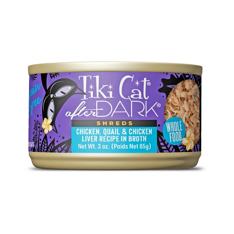 Tiki Cat After Dark Shreds – Poulet, Caille et Foie de Poulet, Boîte de 3 oz, Lot de 12