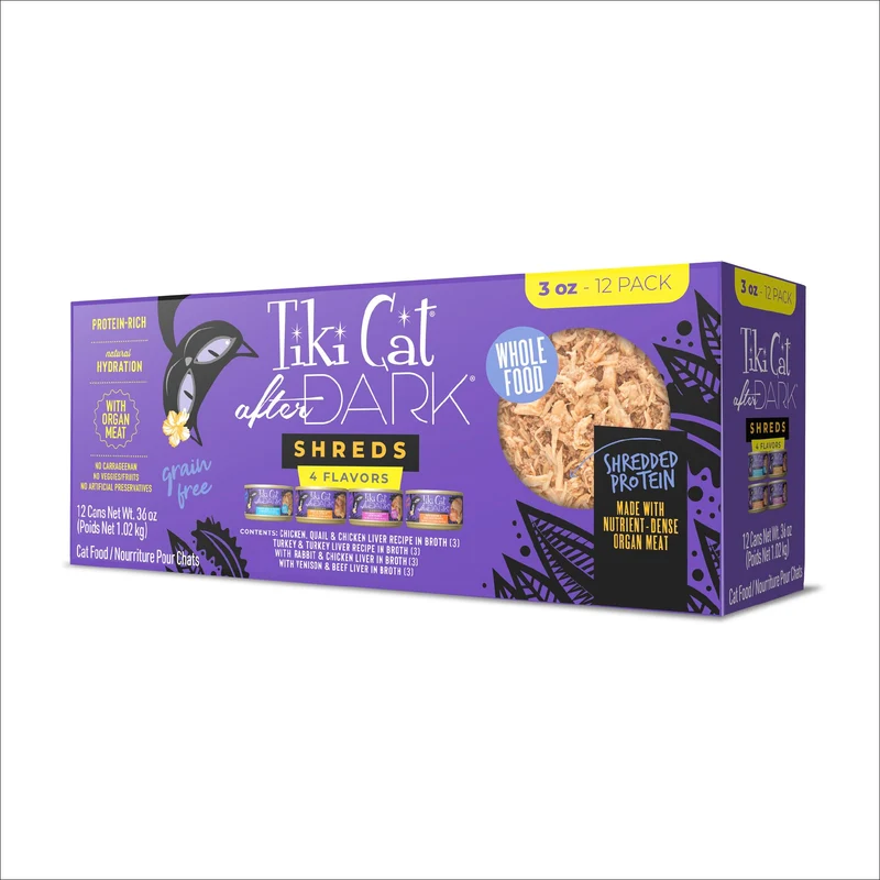 Tiki Cat After Dark Shreds — Aliment humide pour chats, variété 12 boîtes de 3 oz