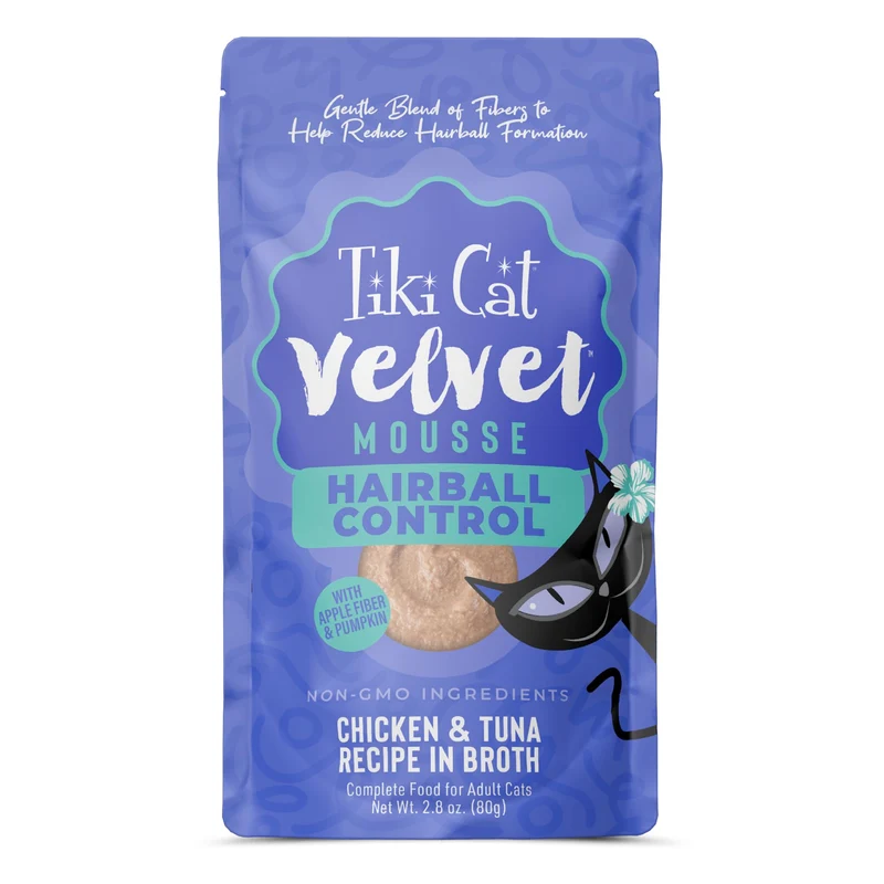 Velvet Mousse Tiki Cat — Recette pour boules de poils au poulet et thon en bouillon, 2,8 oz, lot de 12 sachets
