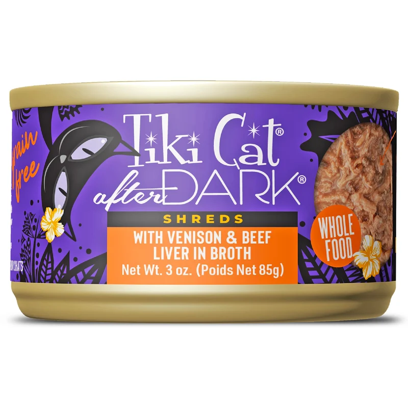 Tiki Cat After Dark Effilochés Venaison et Foie de Boeuf – Boîtes 3 oz (12) | TIKI PETS