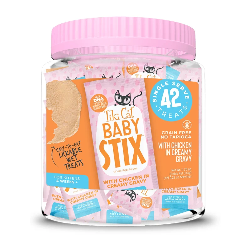 TIKI PETS Tiki Cat Baby Stix – Friandises Humides pour Chatons, Poulet dans Sauce Crème, Sachets 0,28 oz (42 sachets)