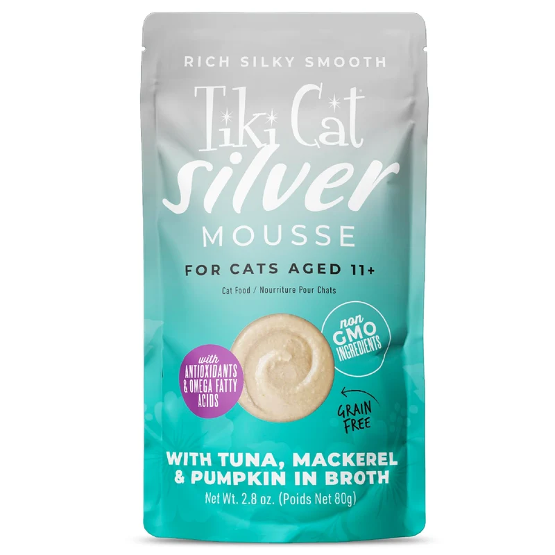 TIKI PETS – Tiki Cat Silver Mousse Senior: Thon, Maquereau & Potiron en Bouillon, 12 Sachets de 2,8 oz