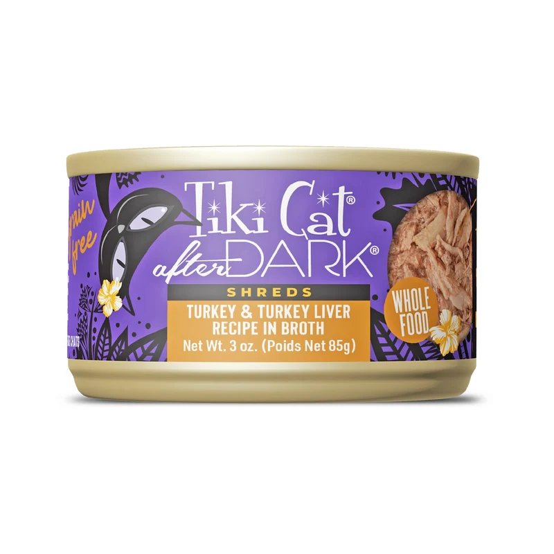 Tiki Cat After Dark – Effiloches de Dinde et Foie, Nourriture Humide pour Chat, Sans Céréales, Boîtes de 85 g (12)