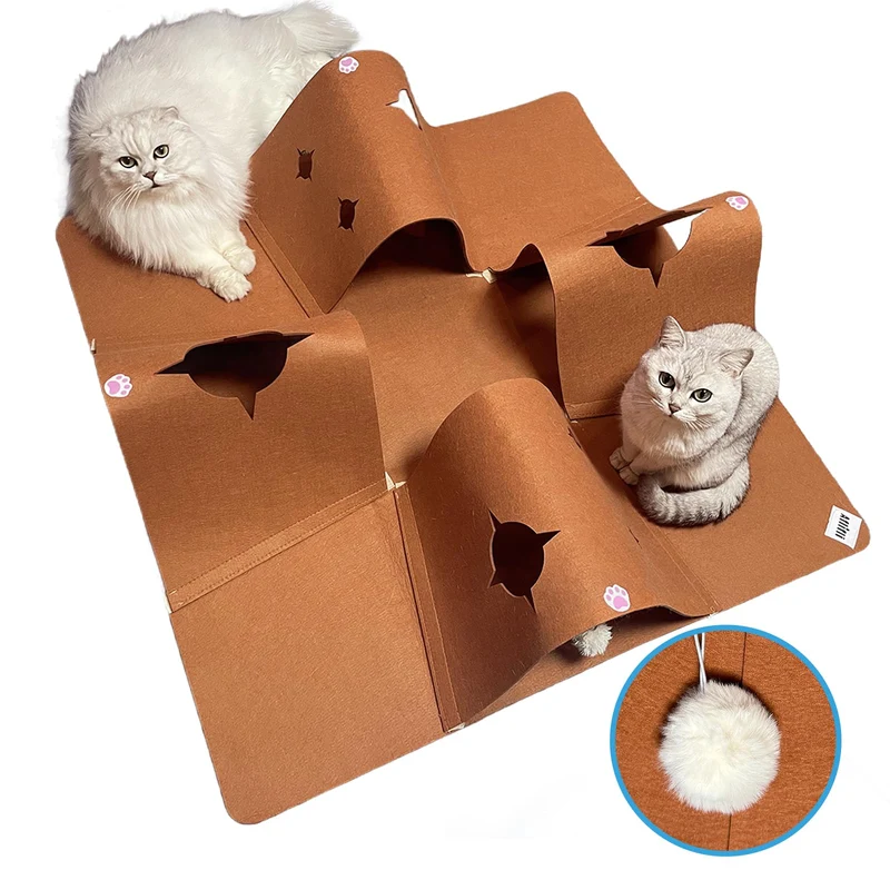 AFLIFLI Tunnel Chat Interactif — Caverne Feutre 4 Entrées, Balle Pendue et Tapis Pliable