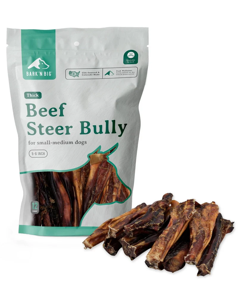 BARK'N BIG Thick Steer Sticks pour chiens – Bâtonnets à mâcher en bœuf américain, sans odeur, 5–6 pouces, 12 pièces
