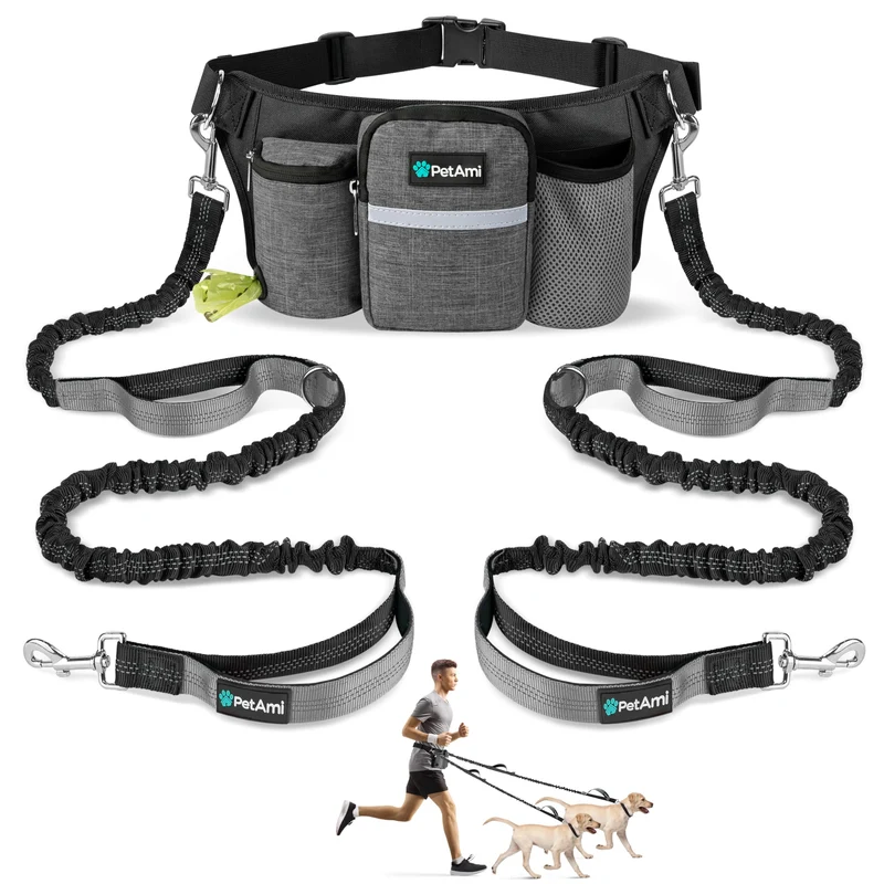 PetAmi Laisse Double pour Deux Chiens – Ceinture Ajustable et Pochettes Gris Charbon