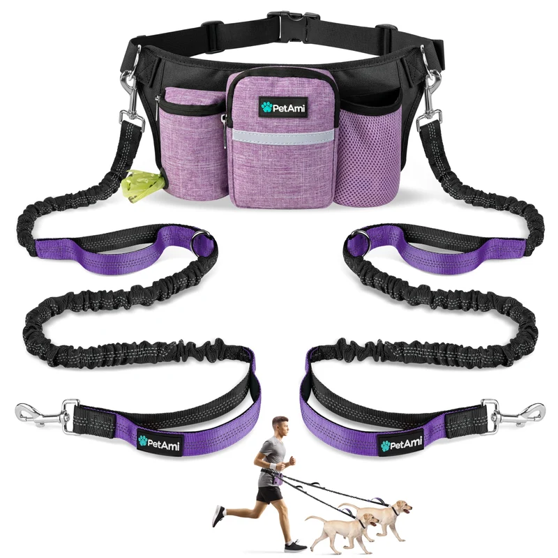 PetAmi Premium Laisse Double Mains Libres pour Deux Chiens – Ceinture Taille Ajustable Violet