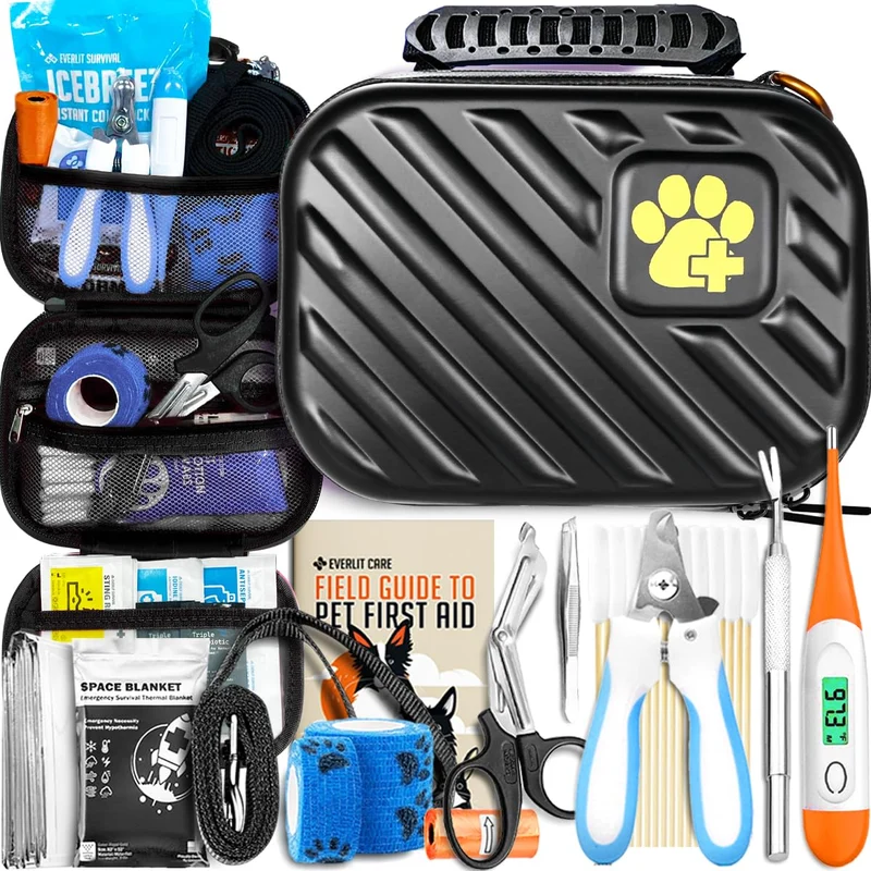 EVERLIT CARE Kit Premiers Secours pour Animaux – 95 Pièces, Approuvé par Vétérinaires, Voyage Compact Noir