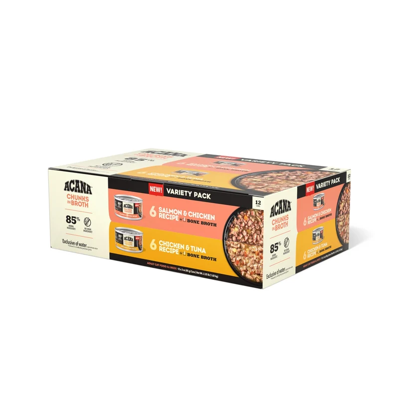 ACANA Morceaux dans le Bouillon pour Chat – Assortiment Saumon & Poulet + Poulet & Thon, Boîtes 3oz (12 unités, 6 de chaque)
