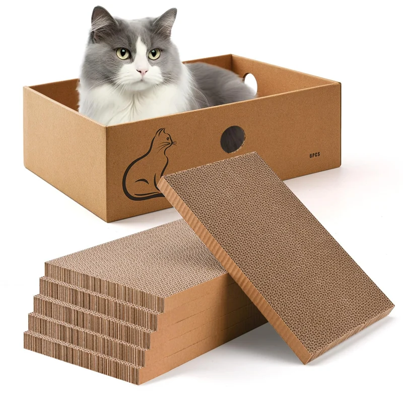 AUSCAT Boîte Grattoir pour Chat avec 6 Plaques Réversibles – Grattoirs en Carton pour Chats d’Intérieur, 37,1 cm L x 27,7 cm P x 13,2 cm H