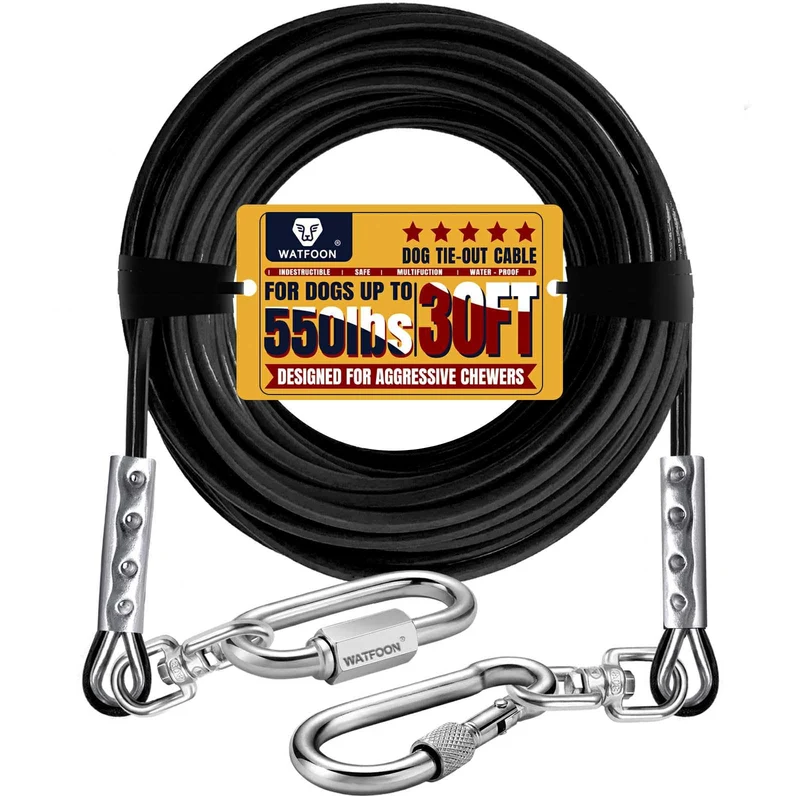 Câble d’attache pour chien WATFOON – 30 ft, résistance 1500 lb, acier inoxydable, crochets doubles, résistant à l’eau