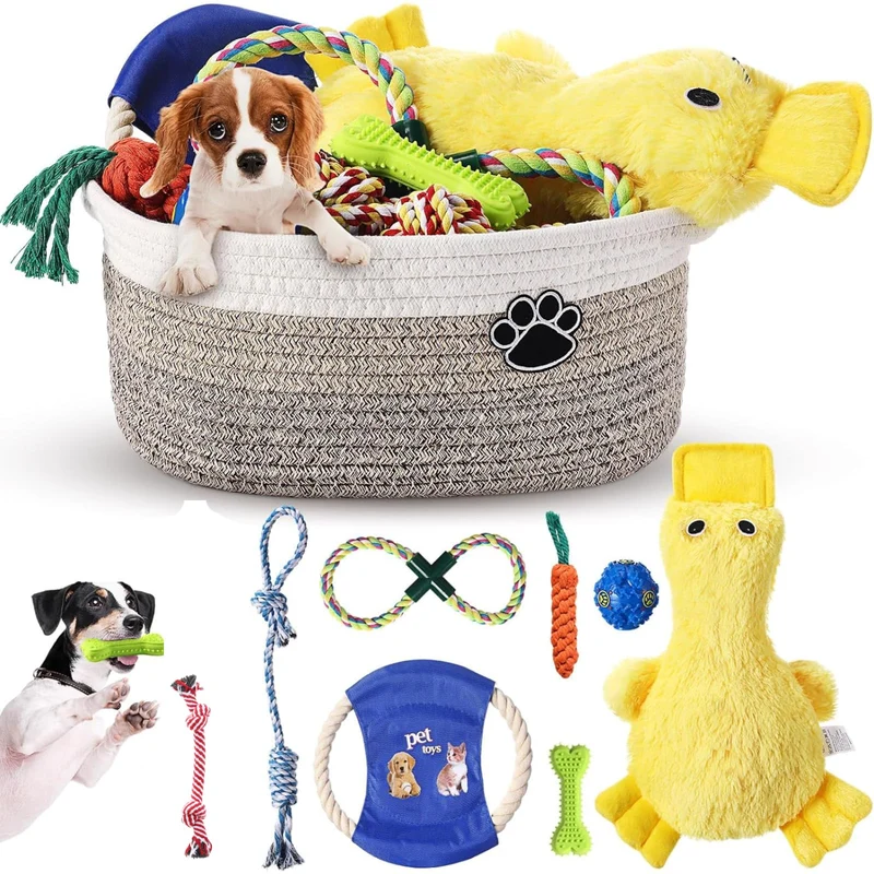 Zopeal Panier de Jouets pour Chien — Coffret Chiot couleur kaki avec Canard qui couine et Jouets de dentition