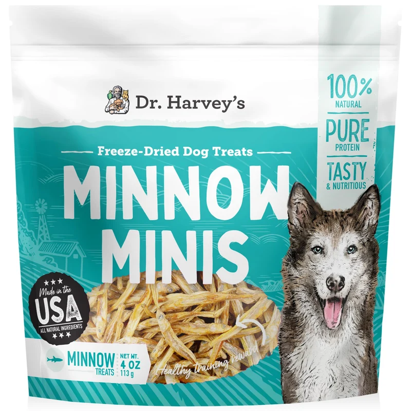 Dr. Harvey's Minnow Minis – Friandises de poisson lyophilisé pour chiens, protéines élevées et Oméga-3, fabriqué aux États‑Unis – 113 g