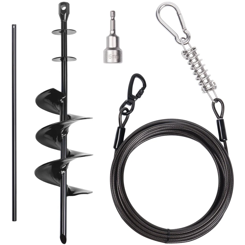 CatAve Câble et Piquet d’Attache pour Chiens – 30 ft, Spirale, Pivot à 360°, Résistant jusqu’à 210 lb