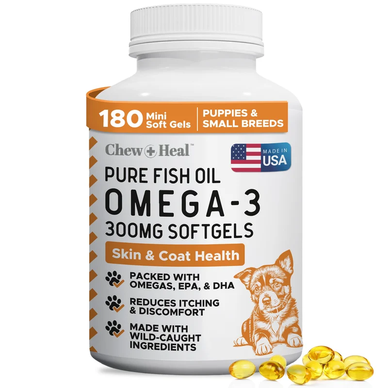 Omega 3 pour chiens de petites races et chiots – 180 mini gélules, huile de saumon sauvage 300 mg – EPA & DHA — Chew + Heal Labs – Fabriqué aux États‑Unis