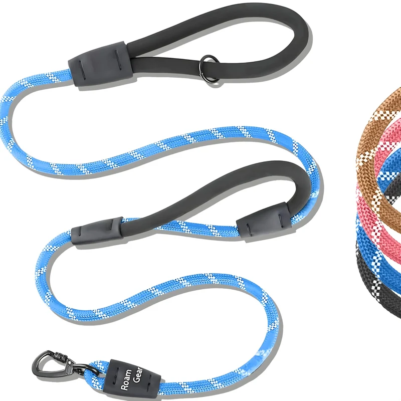 Longe pour chien Roam Gear 6 pieds – 2 poignées rembourrées, clip verrouillable, réfléchissante, résistante – Bleu