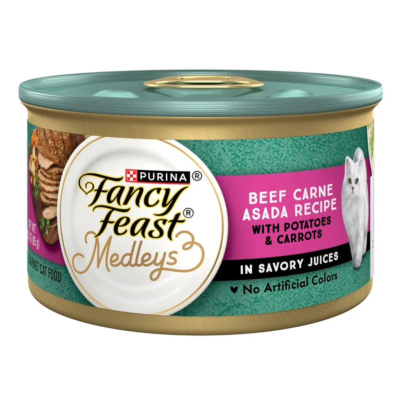 Purina Fancy Feast Medleys – Boîtes Humides pour Chats Adultes : Boeuf Carne Asada avec Patates et Carottes dans Jus Savoureux – Lot de 24 x 85 g