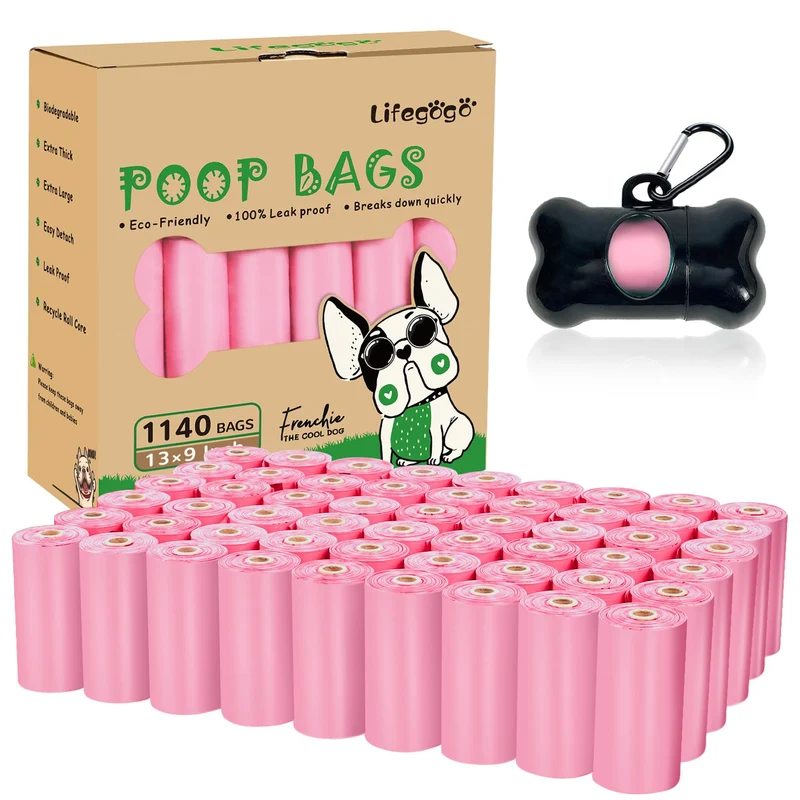 Lifegogo Sacs Poubelle Chien – 1140 Sacs, 57 Rouleaux, Étanches, Rose (13 x 9 po)