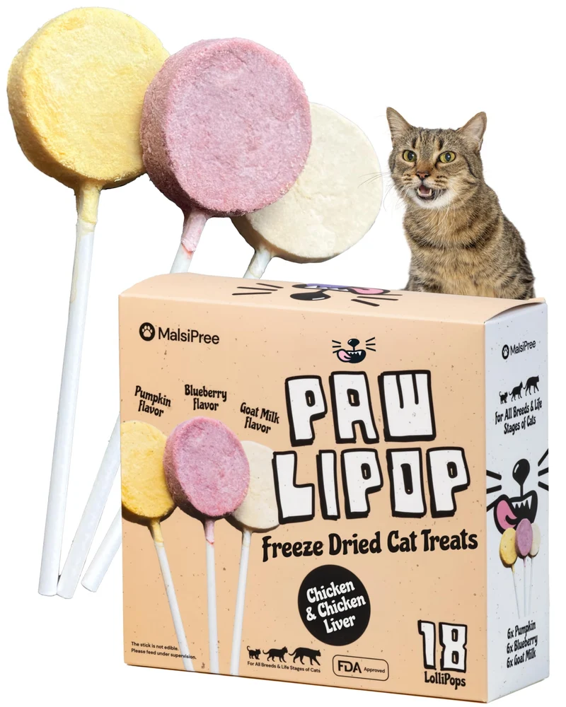 MalsiPree Sucettes pour Chats — Jouet Interactif et Friandises Lyophilisées Poulet & Potiron, 18 Pièces