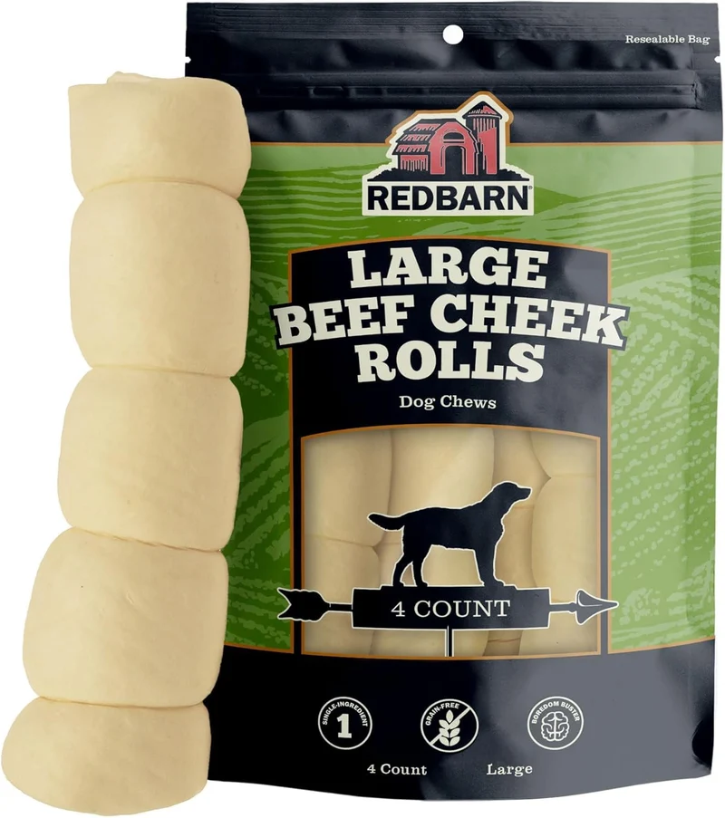 Redbarn Pet Products – Rouleaux Naturels de Joues de Boeuf pour Chiens (Grand Format) – Sans Cereales, Sans Conservateurs – Pack de 4
