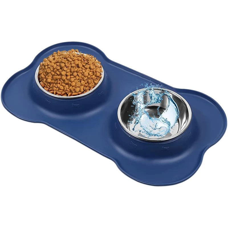 AsFrost Gamelles pour Chiens et Chats – Ensemble en Acier Inoxydable, Anti-Débordement et Antidérapant, Bleu, 12oz