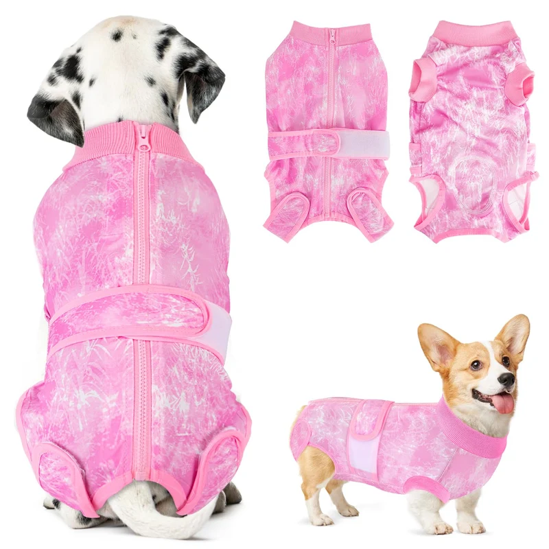 Tenue de Récupération Lukovee pour Chien – Fermeture Dos, Prévention des Léchages, Confort Post-Chirurgie – XS Rose Marbré