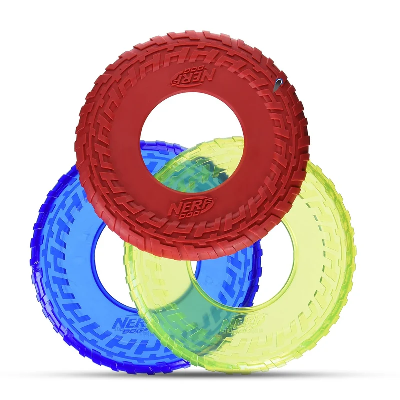 Disques Nerf Dog Tire Flyer de 10 po — Ensemble de 3 pour Chien (Rouge, Vert Translucide, Bleu Translucide)
