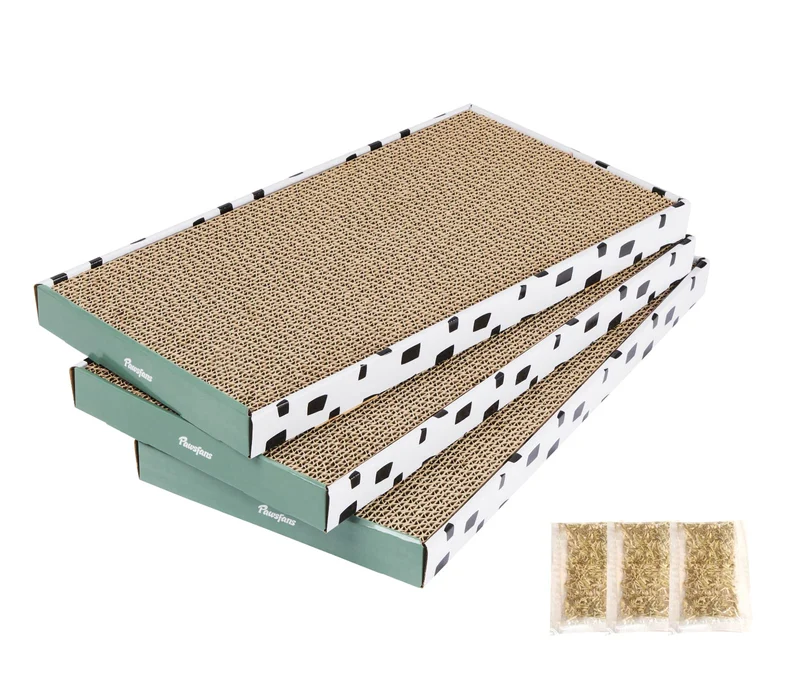 PAWSFANS Grattoir Chat en Carton – Ensemble 3 Pièces, Boîte et Catnip Inclus, Réversible