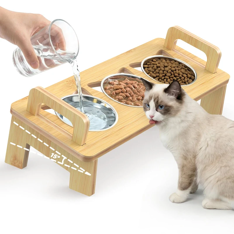Woodever – Bols Chat Élevés en Bambou, 3 Bols Inox, Inclinaison 15°, Anti-vomissements