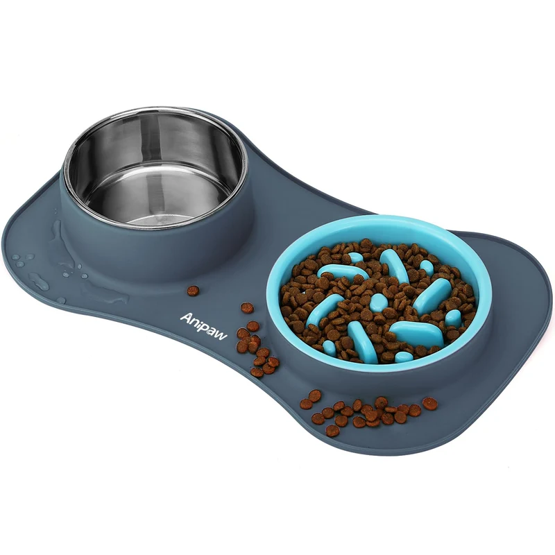 Anipaw Ralentisseur 3 en 1 – Gamelles Acier Inox et Silicone Anti-Débordement