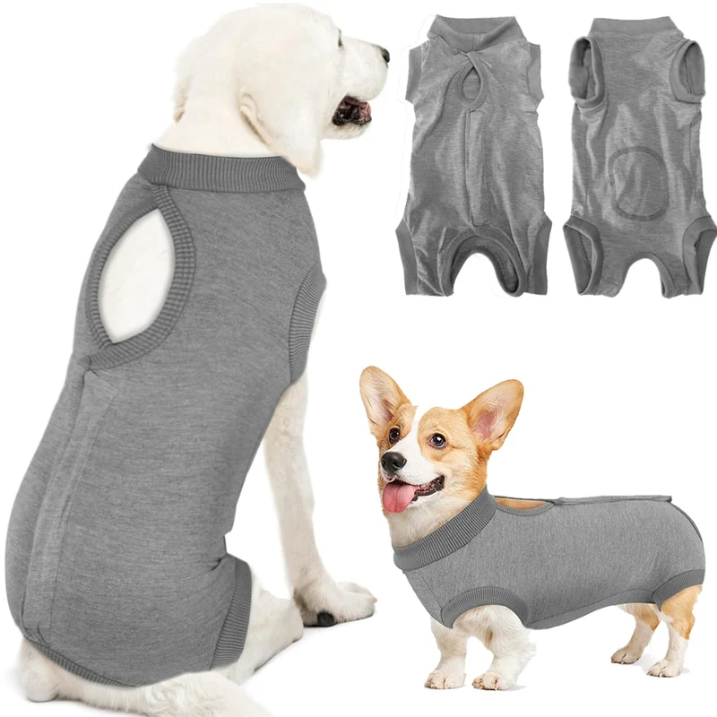 Lukovee Combinaison de convalescence pour chiens – Veste post‑op pour chiens mâles et femelles, gris, taille moyenne