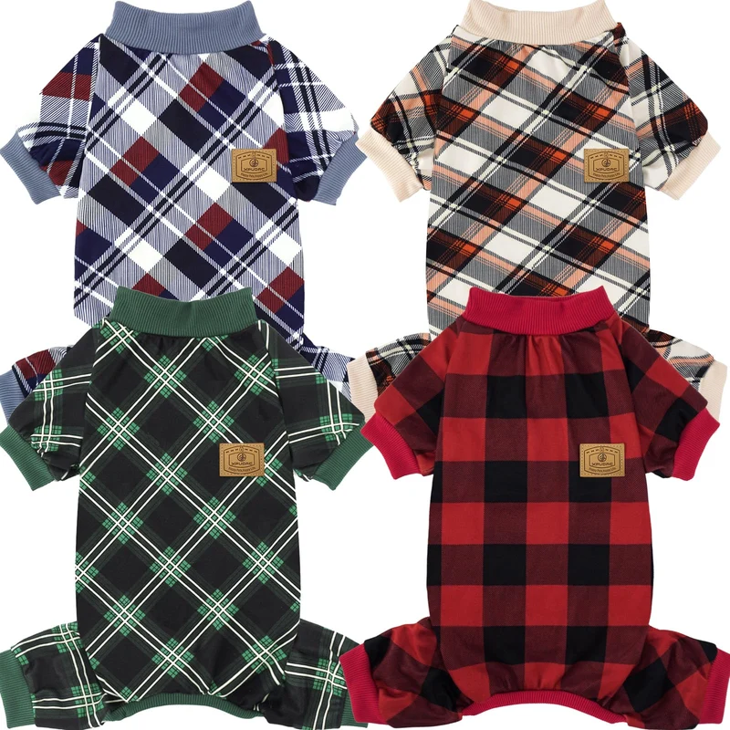 XPUDAC Lot de 4 Pyjamas pour Petits Chiens et Chats – Plaid Noël, Taille Moyenne, Rouge/Vert/Beige/Gris