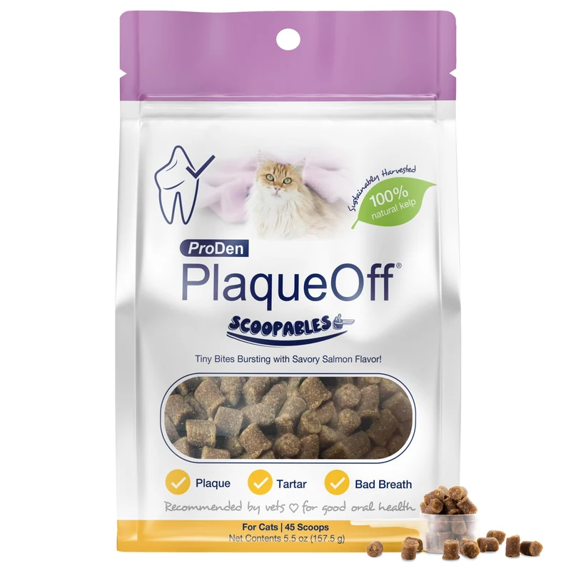 ProDen PlaqueOff Scoopables : Bouchées dentaires au saumon pour chats — Algues naturelles, haleine fraîche, 45 bouchées