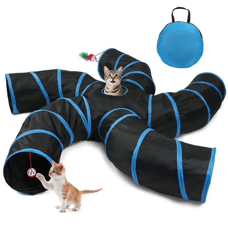 Joytale Tunnel Chat 5 Voies – Tunnel Pliable S-Shape Bleu & Noir avec Cloche et Souris