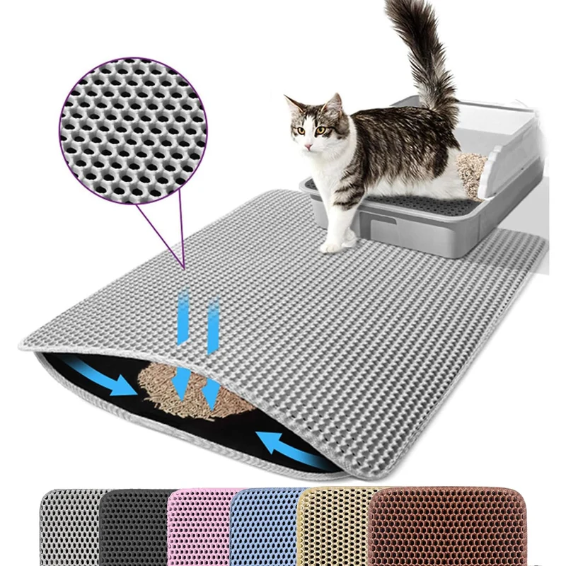 Petinstinct Tapis Litière Chat Extra Large 76 x 56 cm Gris, Structure Nid-d'Abeilles Double, Anti-Dérapant et Étanche