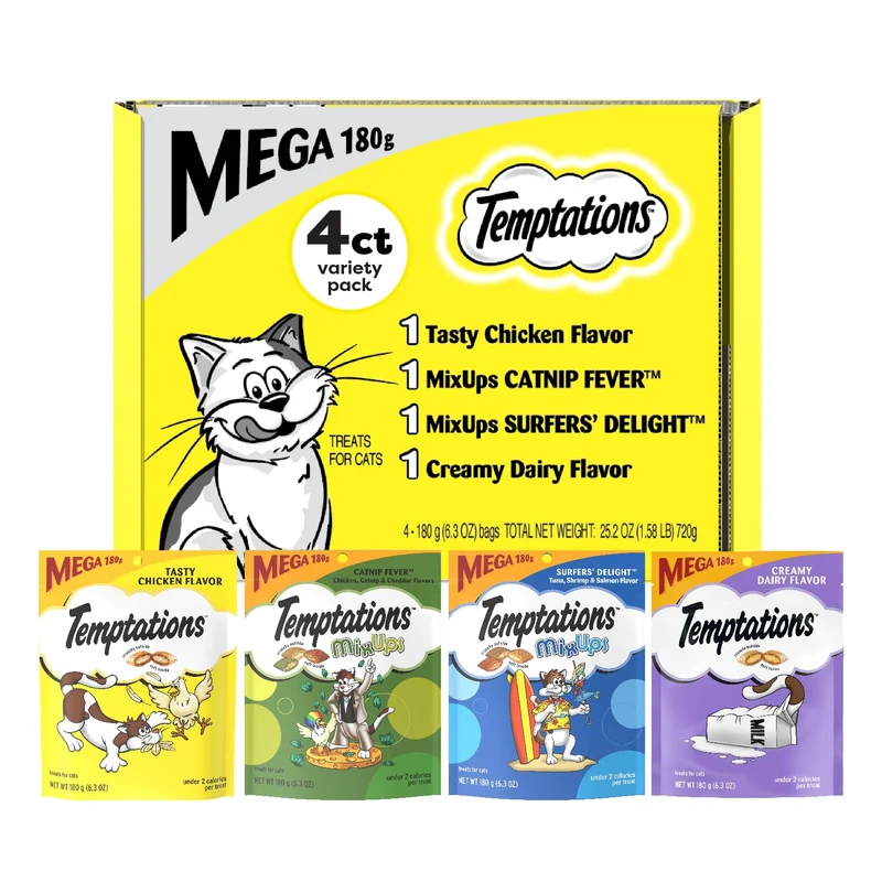 Temptations Friandises pour Chats – Variété Classique: Croquant et Moelleux, Lot de 4 Sachets 6,3 oz
