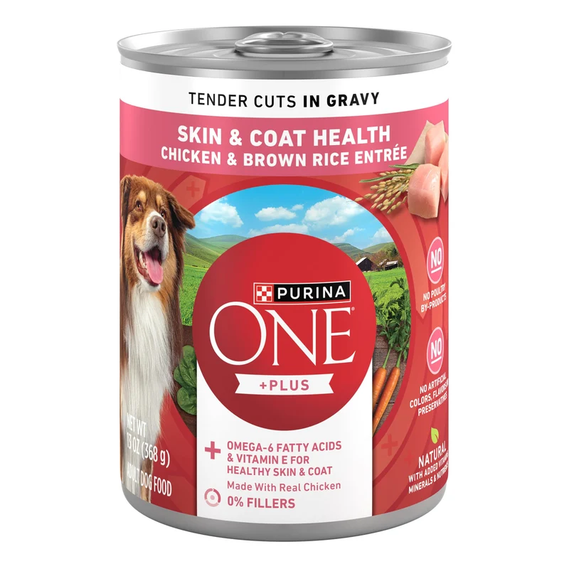 Purina ONE Tender Cuts Skin & Coat – Poulet & Riz Brun, Pâtée Humide pour Chiens Adultes (Pack de 12 x 13 oz)