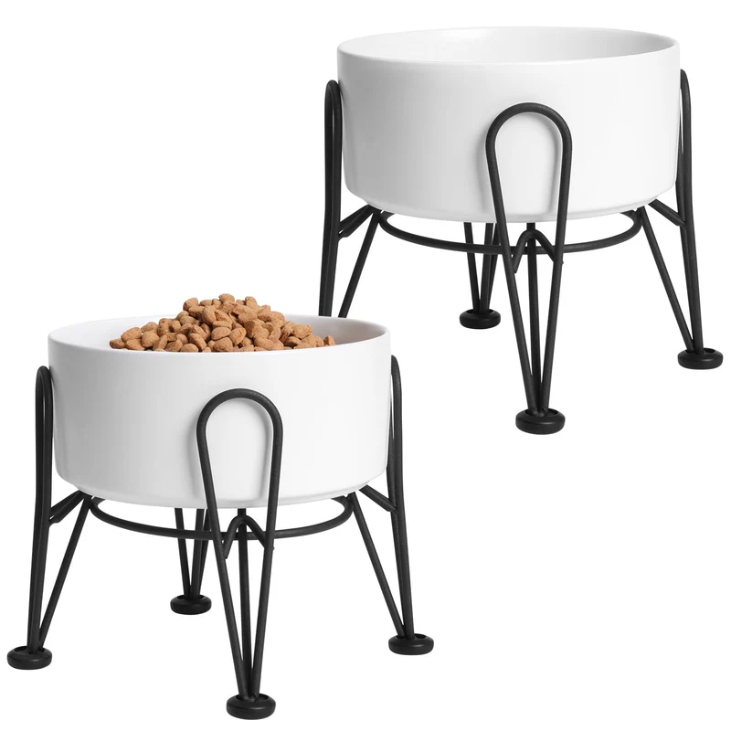 Kitwinney Gamelles surélevées pour chien – Ensemble de 2 Bols en céramique sur socle anti-glisse (Blanc, 3,6 tasses)