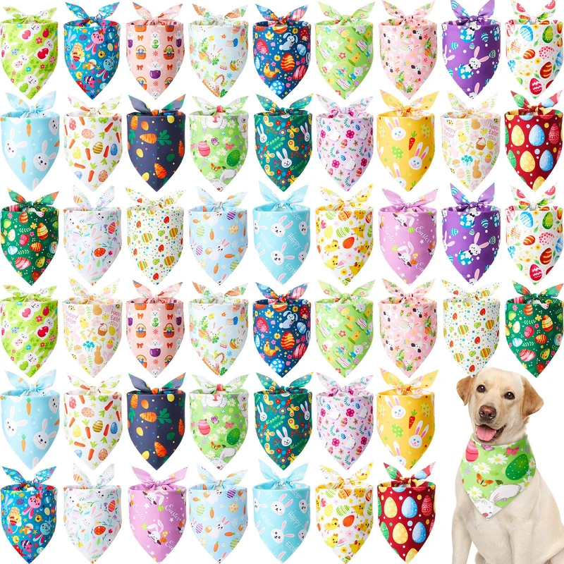 Sanwuta – 50 bandanas chien Paques : motifs œuf, lapin et carotte (80 x 55 cm)