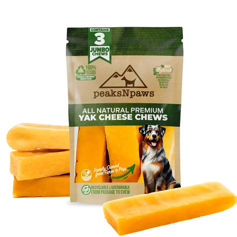 peaksNpaws Fromage de Yak Himalayen — Os à mâcher naturels pour chiens, sans lactose, longue durée, pour gros chiens (>36 kg), 3 bâtons jumbo