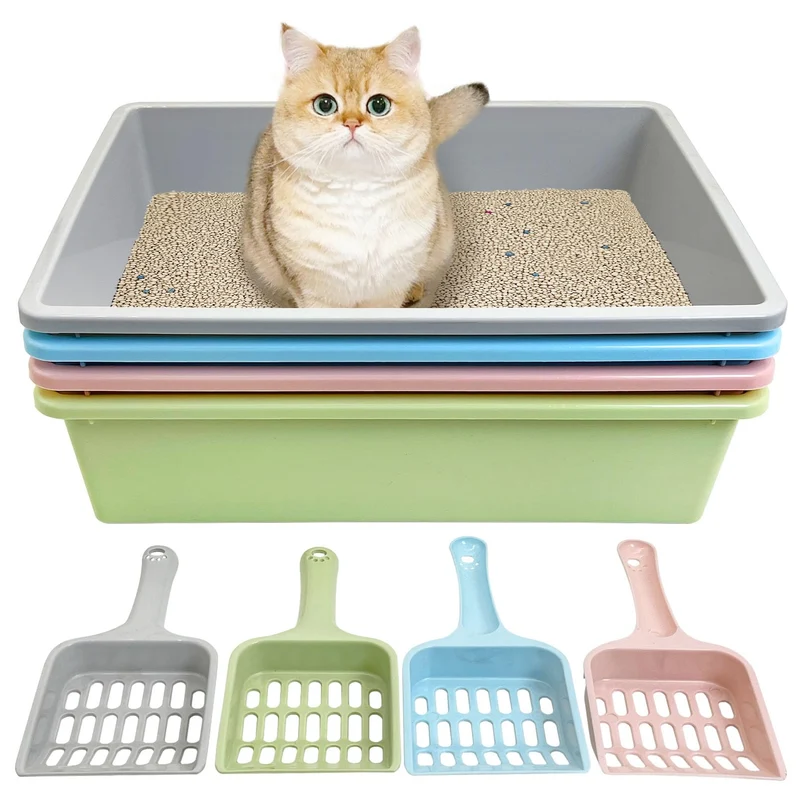Kathson – Lot de 4 bacs à litière ouverts pour chats — Durable et faciles à nettoyer (15 x 11 x 4 pouces)