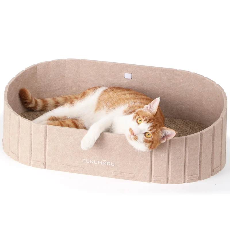 FUKUMARU Grattoir pour Chat – Canapé 24 Pouces, Design Semi-Ferme, Surface Réversible et Détachable (Beige)