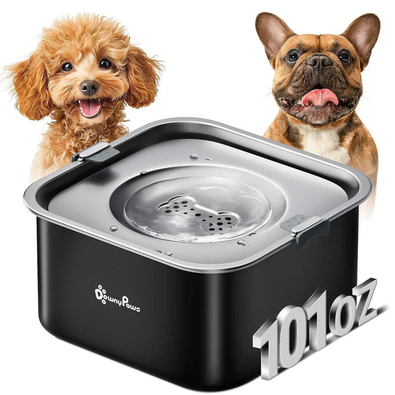 DownyPaws Bol d’Eau Chien Sans Renversement 3L – Inox, Anti-Eclaboussures, Lavable au Lave-Vaisselle