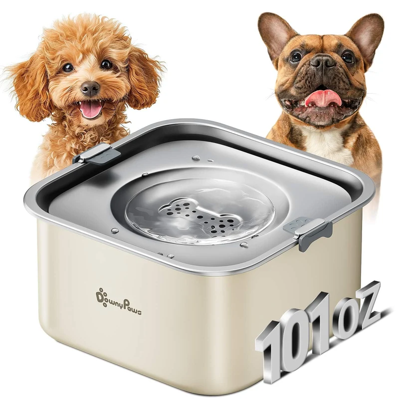 DownyPaws - Gamelle Eau Sans Debordement pour Chiens, 3L, Acier Inoxydable, Beige
