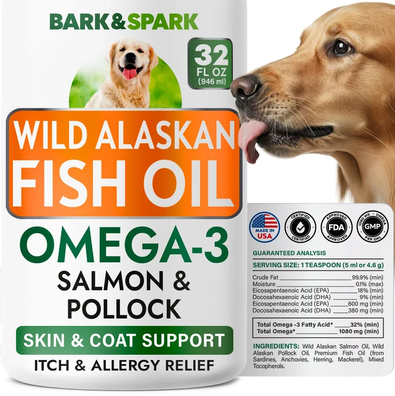 BARK&SPARK – Huile de Poisson pour Chiens – Oméga-3 Naturel (EPA + DHA) pour Peau et Pelage, 32 oz – Saumon & Pollock