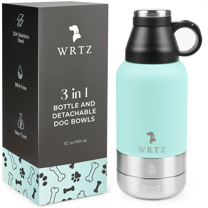 gourde-eau-portable-wrtz-chien-32oz-bols-amovibles-etanche-inox-bleu-vert
