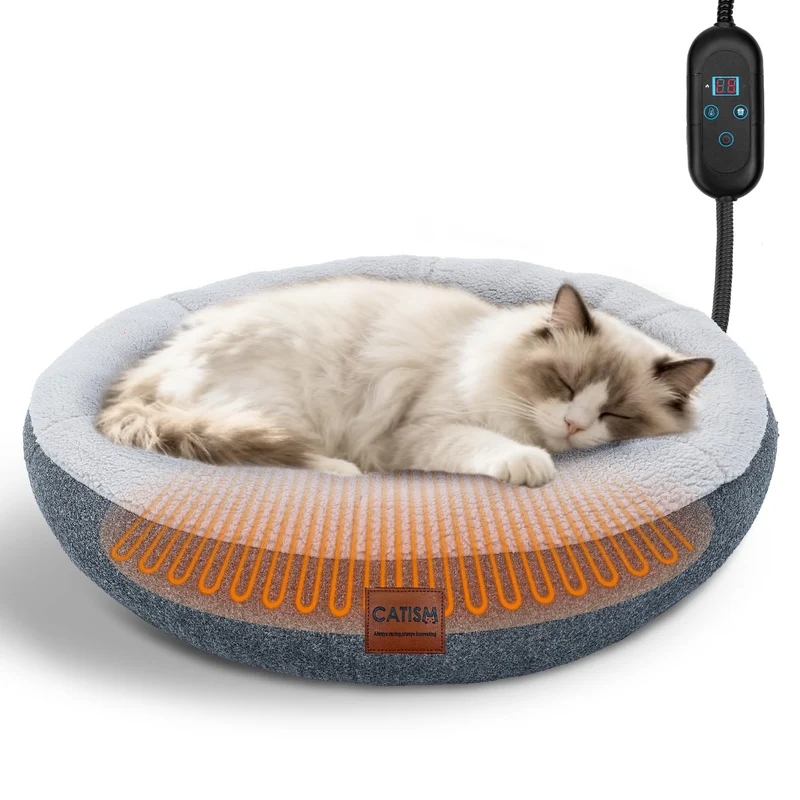 CATISM Lit Chat Chauffant Intérieur – Lit Auto-Chauffant en Forme Anneau, Minuterie et Temperature Ajustable, Base Antiderapante