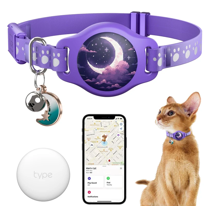 Typecase Collier Traceur pour Chat – AirTag Étanche, Find My (iOS uniquement), Design Breakaway Violet