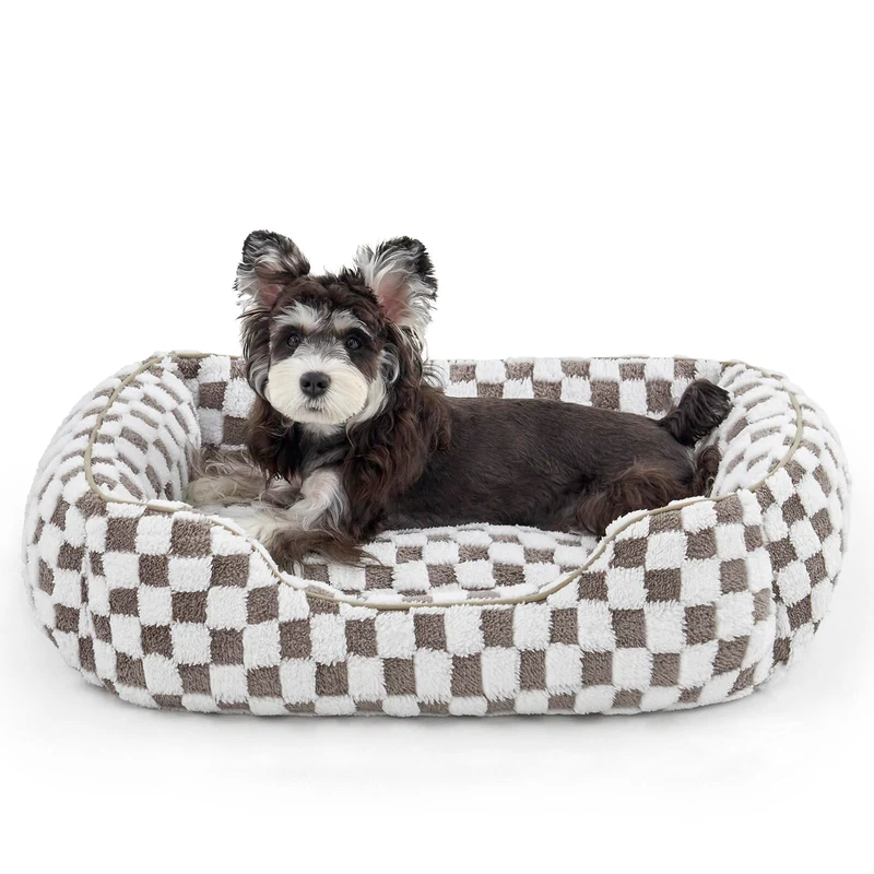 JOEJOY Panier pour Petits Chiens et Chats – Lit Orthopédique Rectangulaire 20x19x6 pouces, Peluche Jacquard et Base Anti-Dérapante, Café