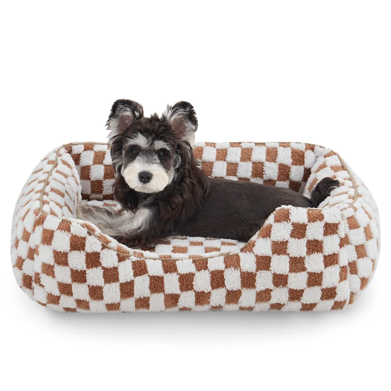 JOEJOY Lit pour chien petit et chat d’intérieur – Couchage orthopédique rectangle 20x19x6 po, peluche jacquard, anti-dérapant, Marron